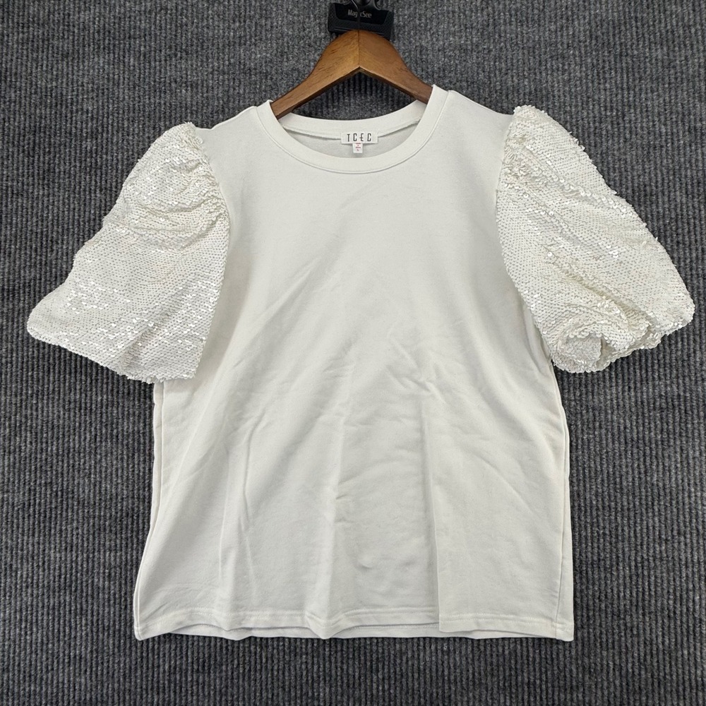 TCEC Sequin Puff Sleeve Top Womens Large White Excellent Crewneck CT8480